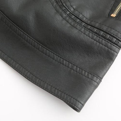 Women's Leather-Look Stand Collar Jacket in Grey - alternate angle showing fit and fabric detail