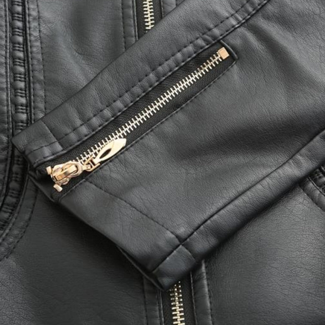 Women's Leather-Look Stand Collar Jacket in Grey - alternate angle showing fit and fabric detail