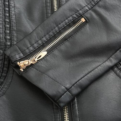 Women's Leather-Look Stand Collar Jacket in Grey - alternate angle showing fit and fabric detail