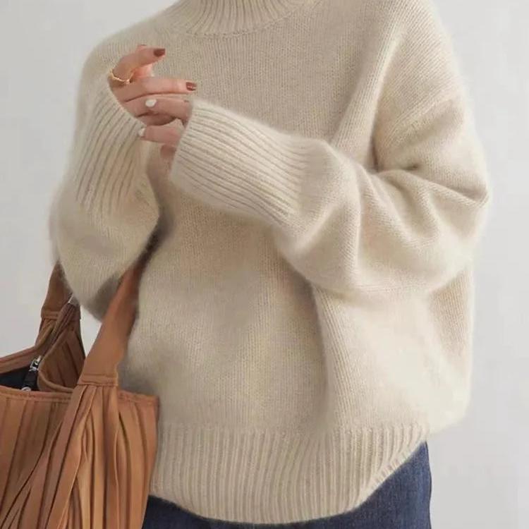 Women's Relaxed Roll Neck Sweater in Khaki - alternate angle showing fit and fabric detail