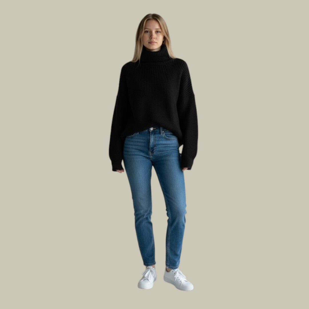 Women's Ribbed Funnel Neck Sweater in Black - front view