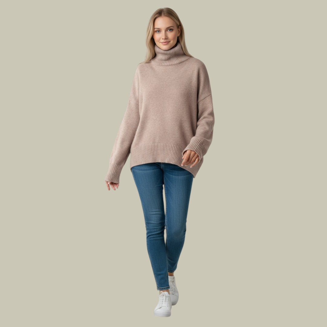 Women's Ribbed Funnel Neck Sweater in Beige - front view