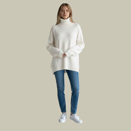 Women's Ribbed Funnel Neck Sweater in White - front view