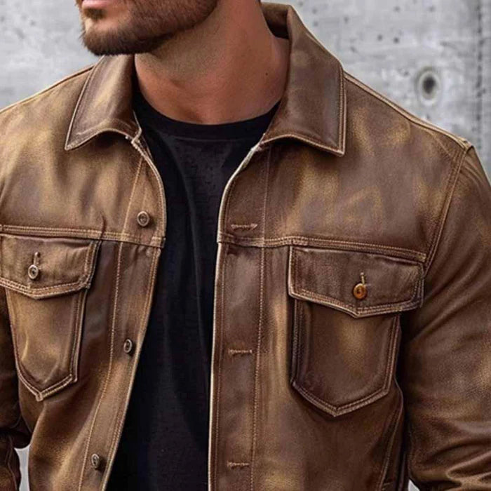 Men's Vintage Faux Leather Trucker Jacket in Brown - alternate angle showing fit and fabric detail