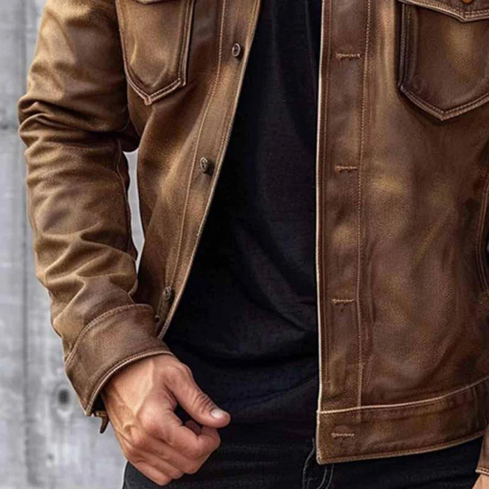 Men's Vintage Faux Leather Trucker Jacket in Brown - alternate angle showing fit and fabric detail