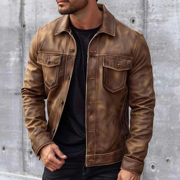 Men's Vintage Faux Leather Trucker Jacket in Brown - front view