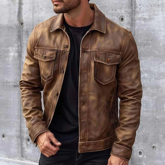 Men's Vintage Faux Leather Trucker Jacket in Brown - front view