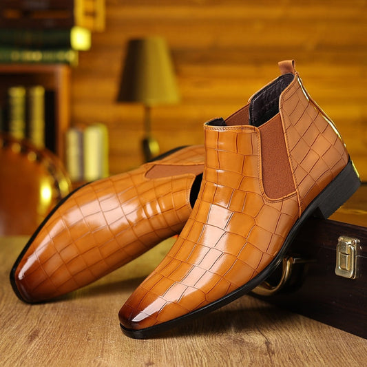 Men's Croc-Embossed Chelsea Boots in Light Brown - front view