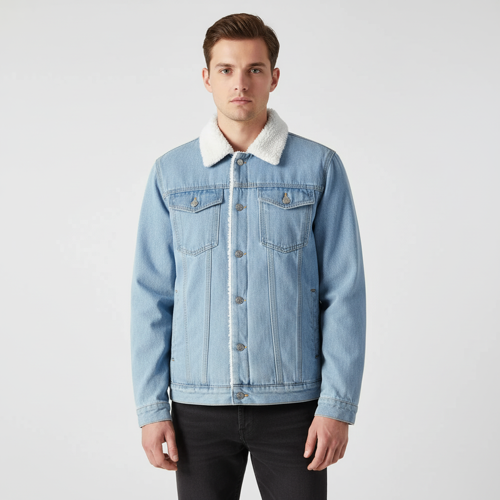 Men's Fleece-Lined Denim Trucker Jacket in Black - alternate angle showing fit and fabric detail