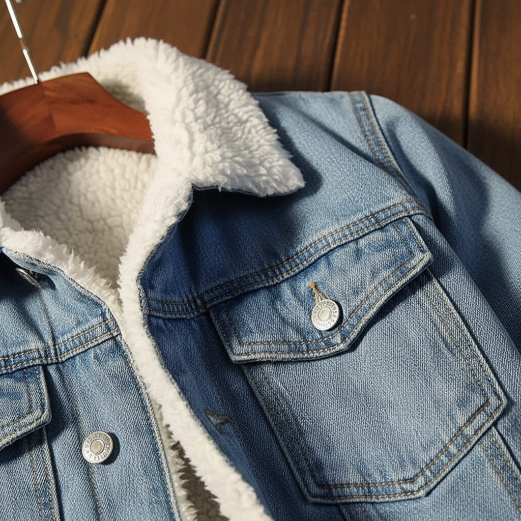 Men's Fleece-Lined Denim Trucker Jacket in Black - alternate angle showing fit and fabric detail