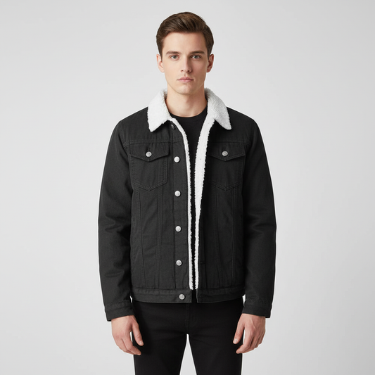 Men's Fleece-Lined Denim Trucker Jacket in Black - front view