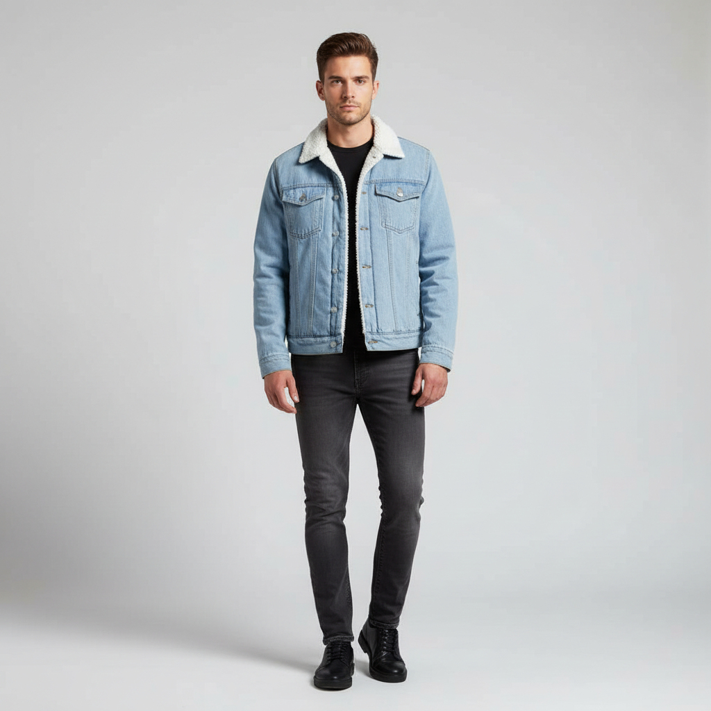 Men's Fleece-Lined Denim Trucker Jacket in Light Blue - front view