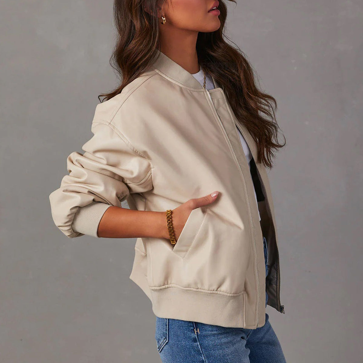 Women's Oversized Faux Leather Bomber Jacket in Black - alternate angle showing fit and fabric detail