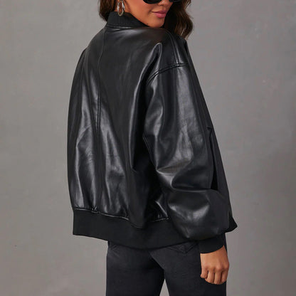 Women's Oversized Faux Leather Bomber Jacket in Black - alternate angle showing fit and fabric detail