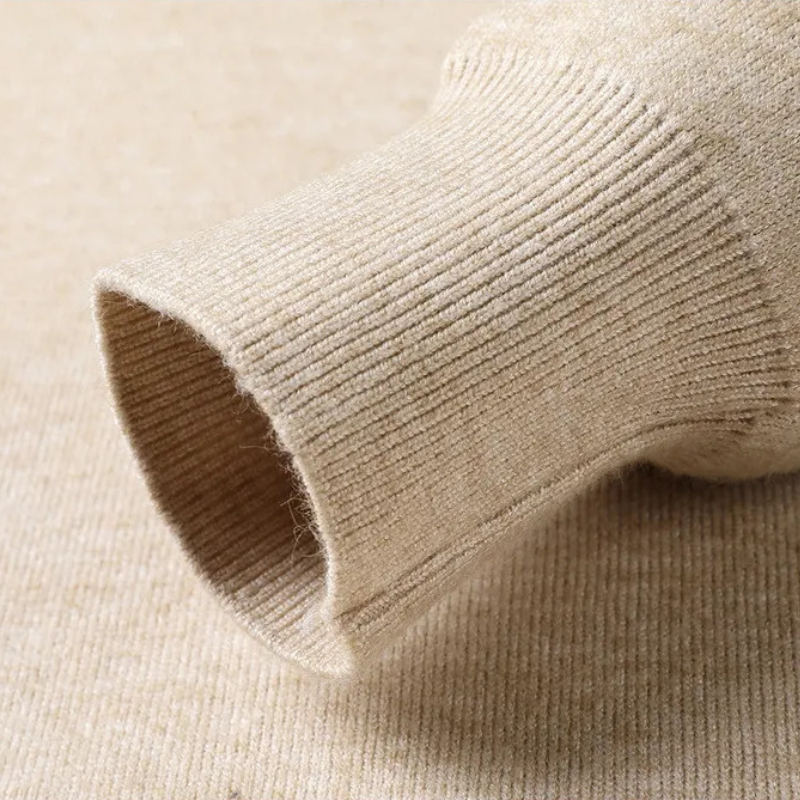 Men's Soft Knit Mock Neck Pullover in Beige - alternate angle showing fit and fabric detail