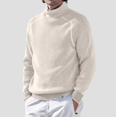Men's Raglan Ribbed Turtleneck Sweater in Beige - front view