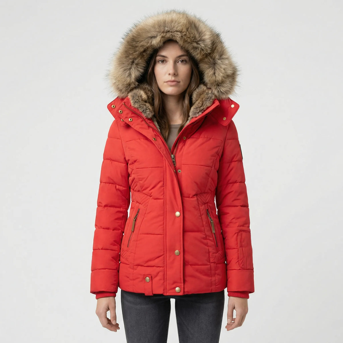 Women's Quilted Winter Jacket with Faux Fur Trim Hood in Red - front view