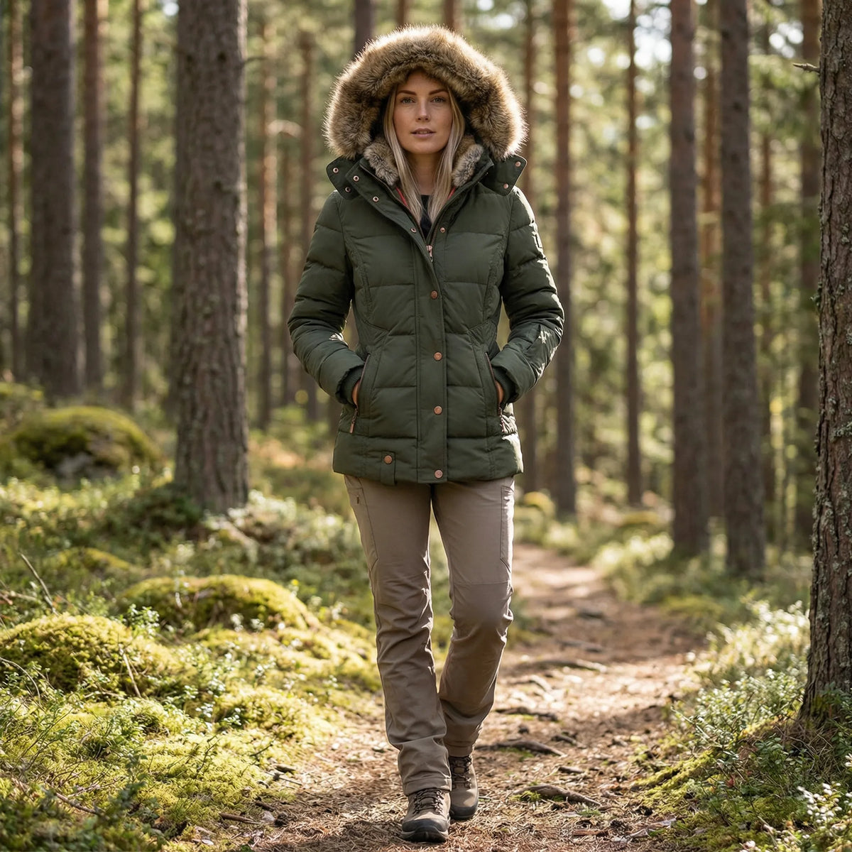 Women's Quilted Winter Jacket with Faux Fur Trim Hood in Red - alternate angle showing fit and fabric detail