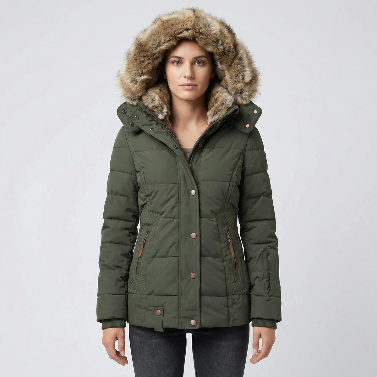 Women's Quilted Winter Jacket with Faux Fur Trim Hood in Green - alternate angle showing fit and fabric detail