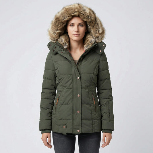 Women's Quilted Winter Jacket with Faux Fur Trim Hood in Green - alternate angle showing fit and fabric detail