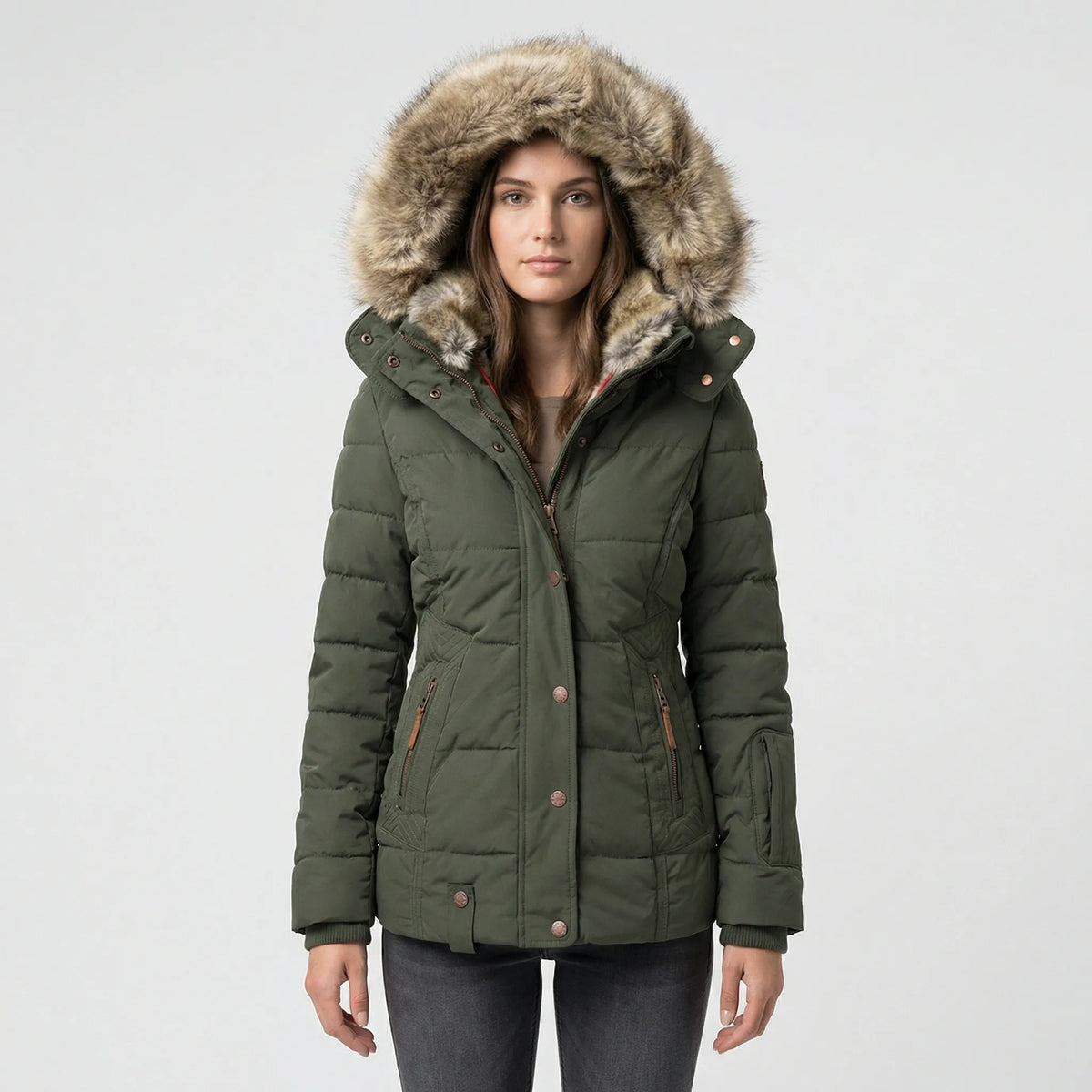 Women's Quilted Winter Jacket with Faux Fur Trim Hood in Green - front view