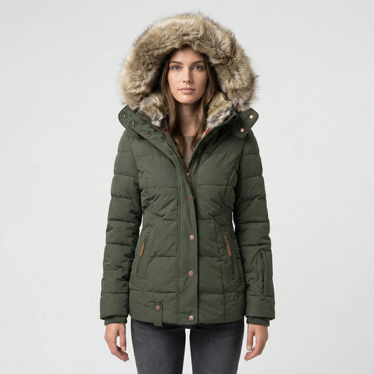 Women's Quilted Winter Jacket with Faux Fur Trim Hood in Green - front view