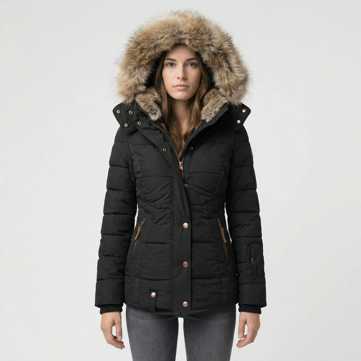 Women's Quilted Winter Jacket with Faux Fur Trim Hood in Black - front view
