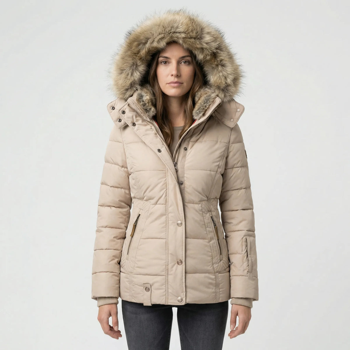 Women's Quilted Winter Jacket with Faux Fur Trim Hood in Beige - front view