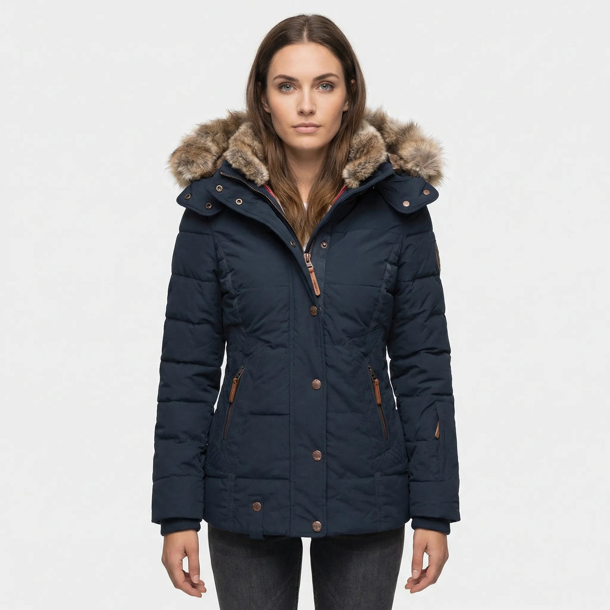 Women's Quilted Winter Jacket with Faux Fur Trim Hood in Dark Blue - front view