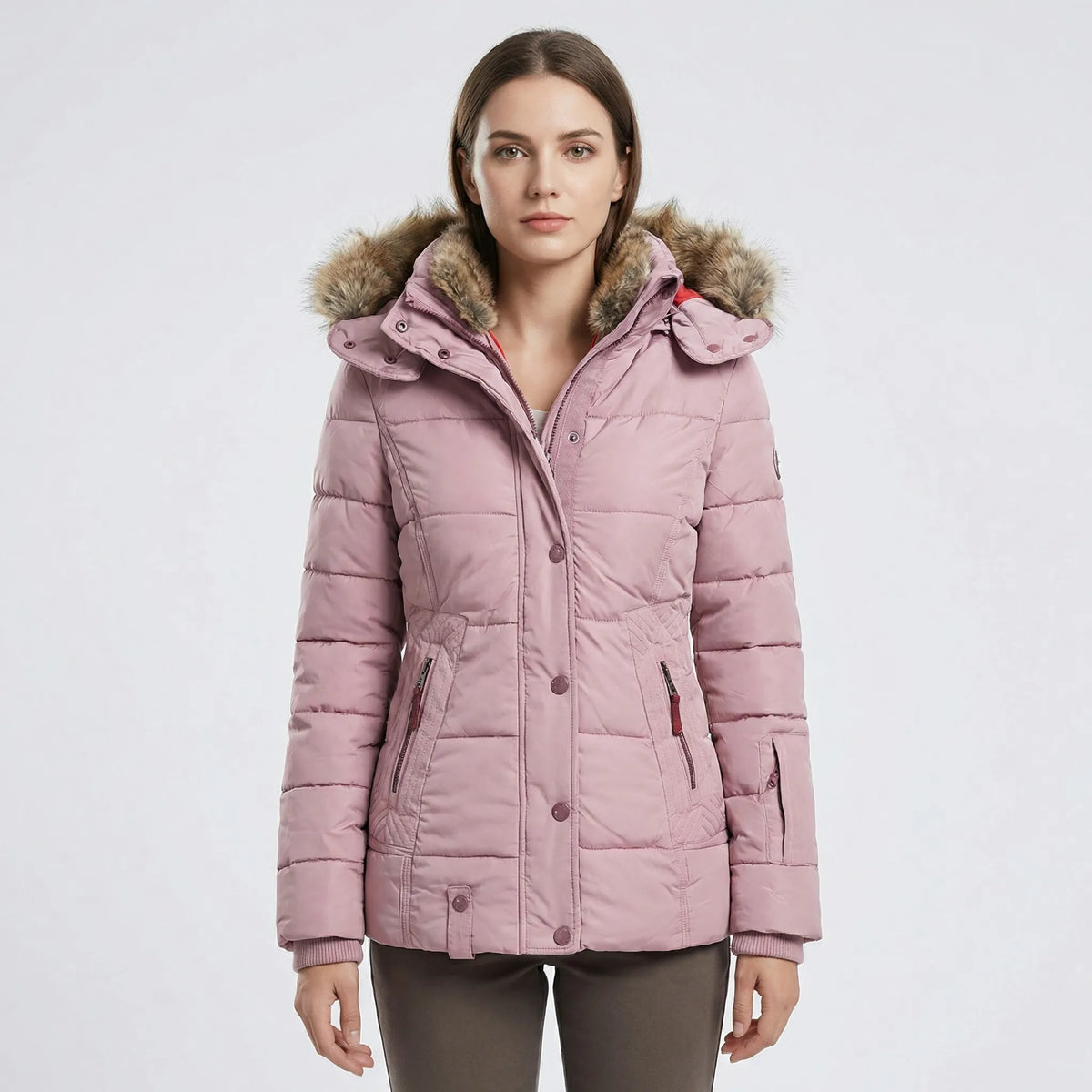 Women's Quilted Winter Jacket with Faux Fur Trim Hood in Pink - front view