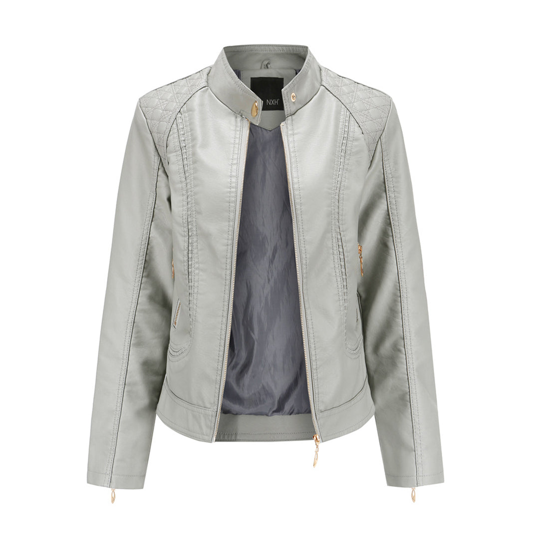 Women's Leather-Look Stand Collar Jacket in Grey - front view