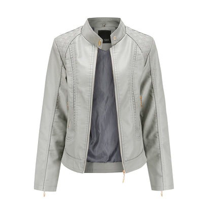 Women's Leather-Look Stand Collar Jacket in Grey - front view