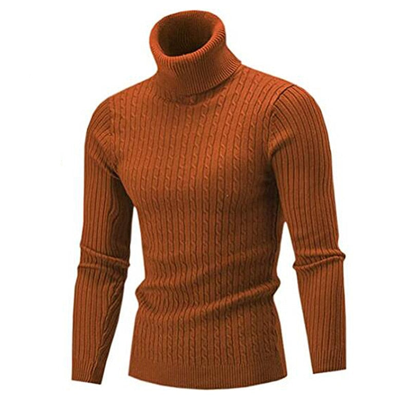 Men's Cable Knit Roll Neck Sweater in Brown - front view