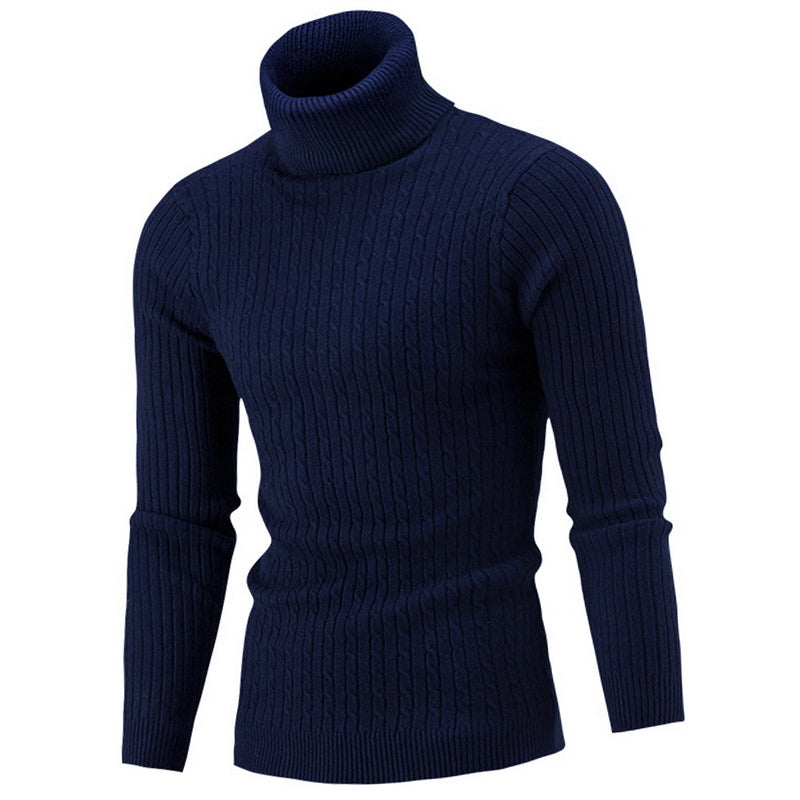Men's Cable Knit Roll Neck Sweater in Navy - front view