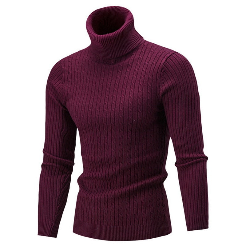 Men's Cable Knit Roll Neck Sweater in Red - front view