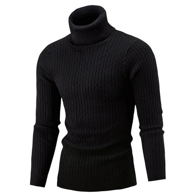 Men's Cable Knit Roll Neck Sweater in Black - front view