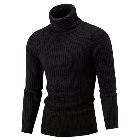 Men's Cable Knit Roll Neck Sweater in Black - front view