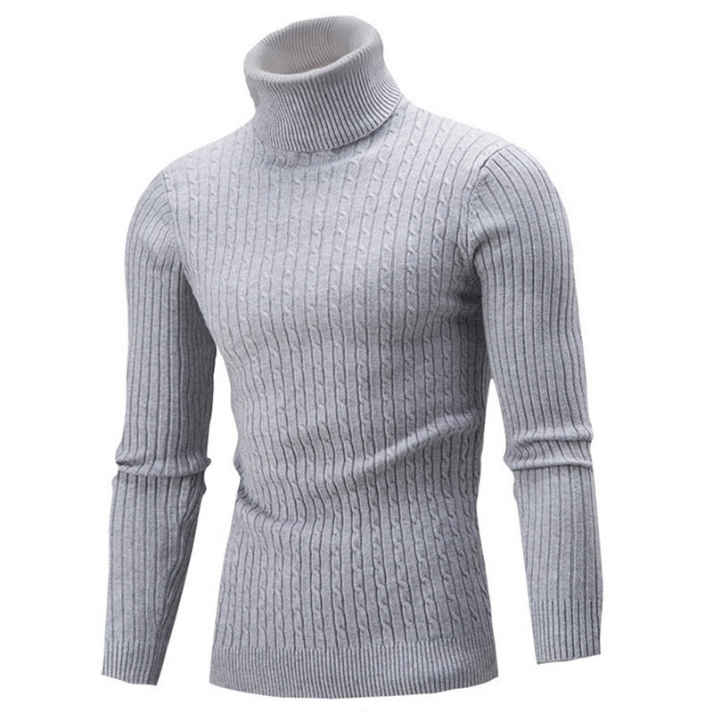 Men's Cable Knit Roll Neck Sweater in Light Grey - front view