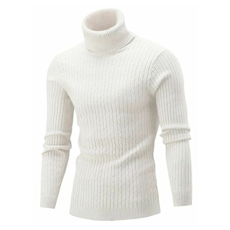 Men's Cable Knit Roll Neck Sweater in White - front view