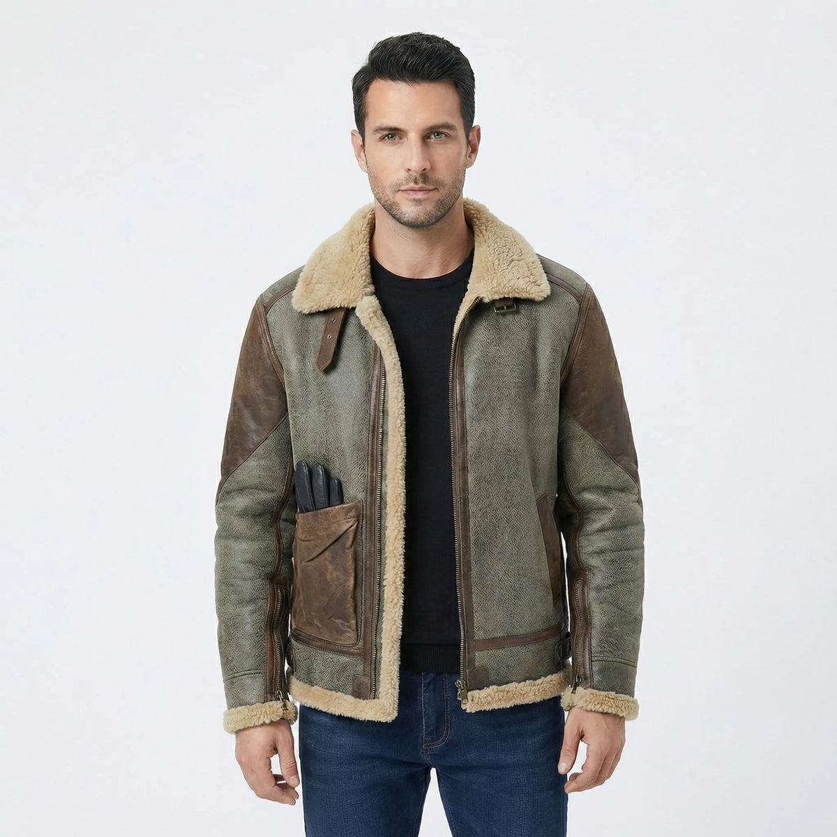 Men's Faux Shearling Collar Aviator Jacket in Brown - alternate angle showing fit and fabric detail