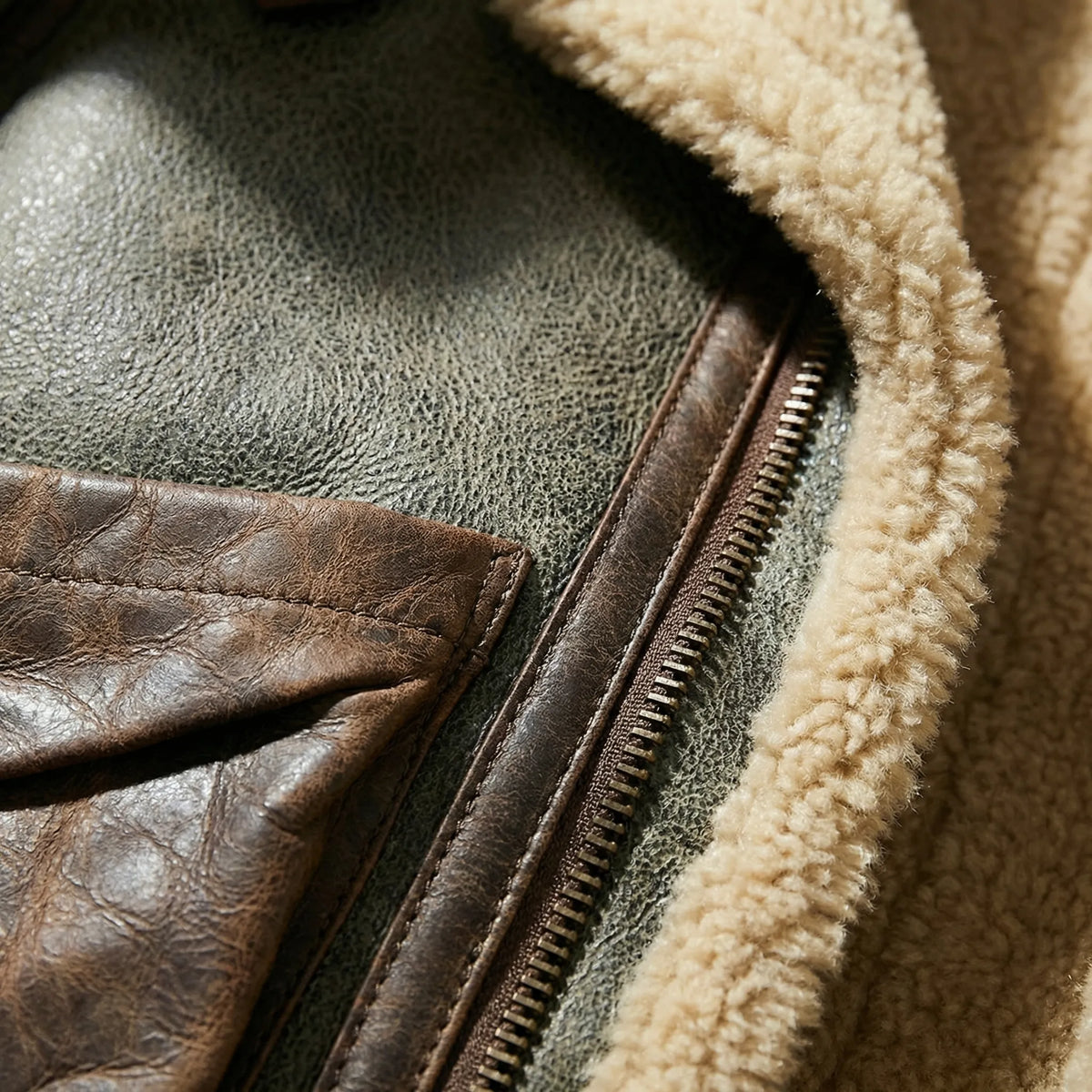 Men's Faux Shearling Collar Aviator Jacket in Beige - alternate angle showing fit and fabric detail