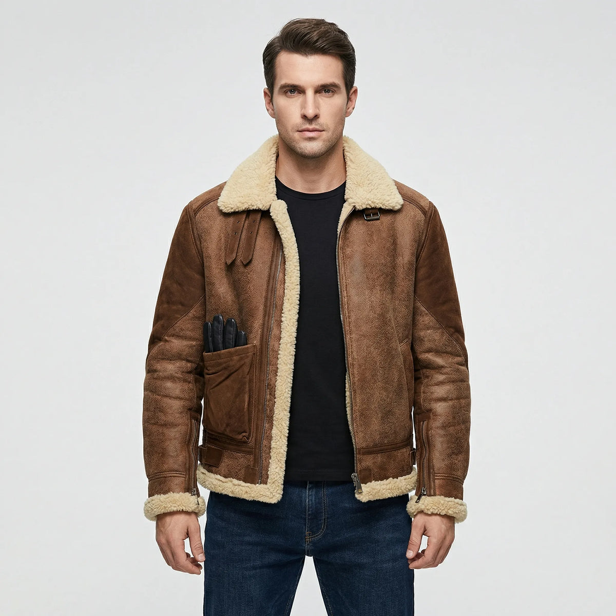 Men's Faux Shearling Collar Aviator Jacket in Brown - front view