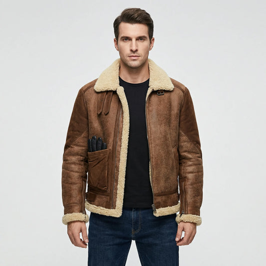 Men's Faux Shearling Collar Aviator Jacket in Brown - front view