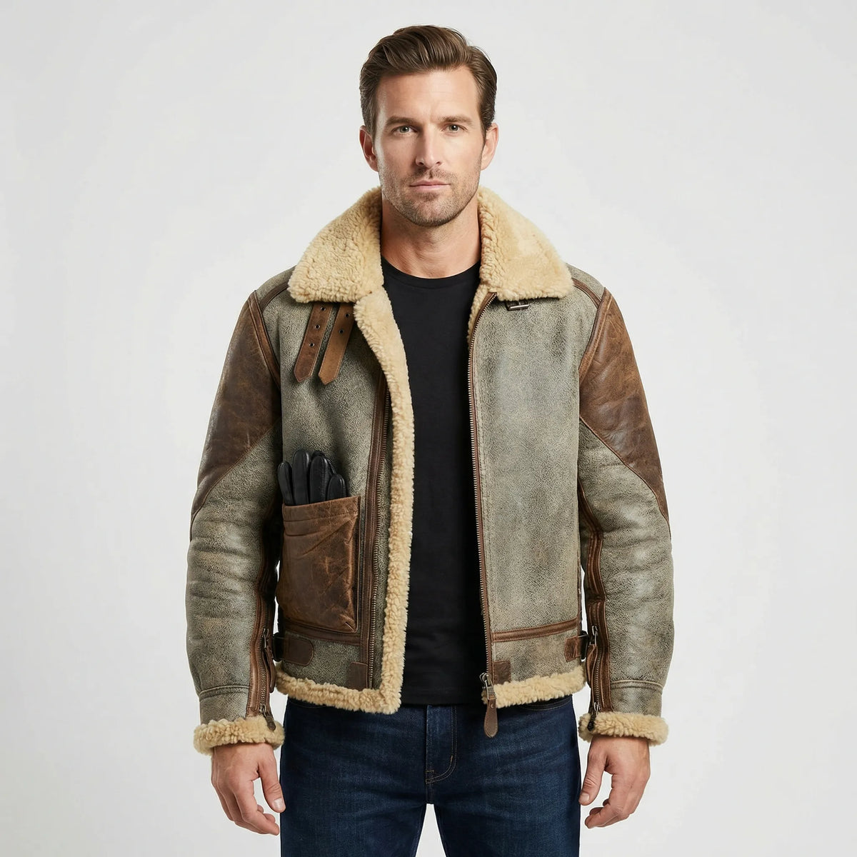 Men's Faux Shearling Collar Aviator Jacket in Beige - front view