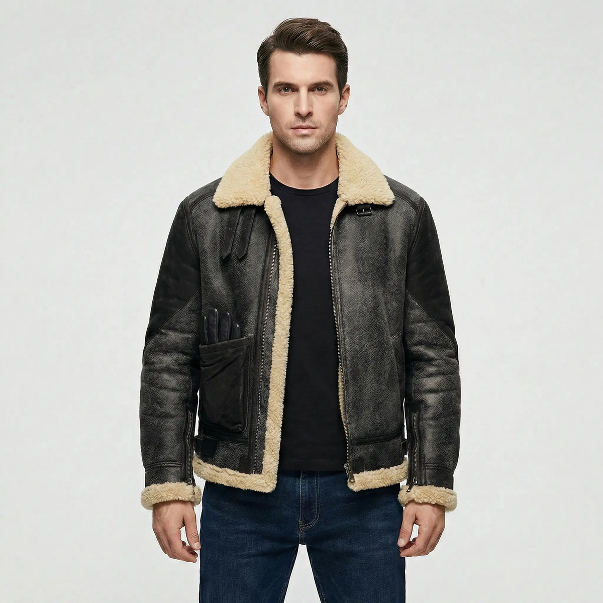 Men's Faux Shearling Collar Aviator Jacket in Black - front view