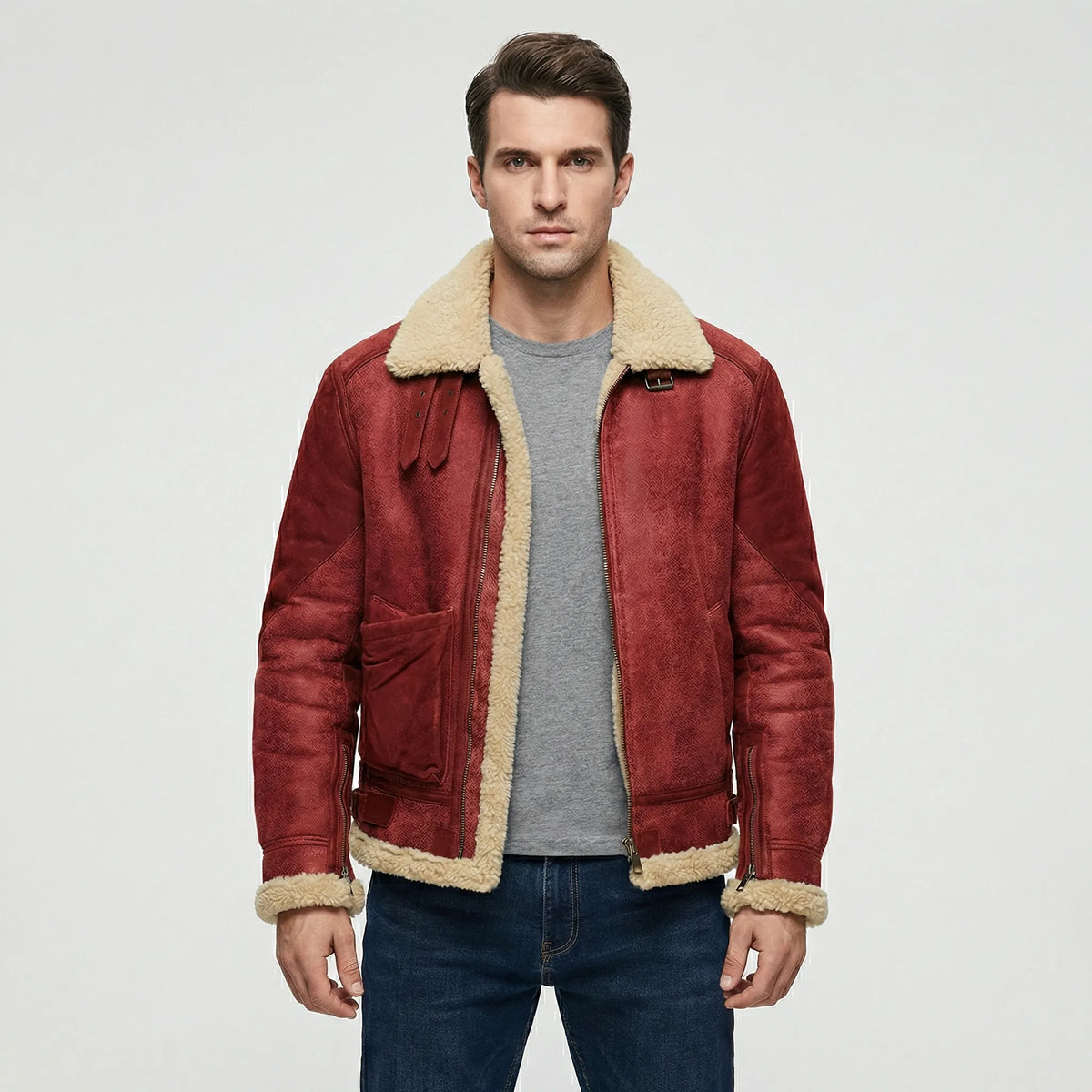 Men's Faux Shearling Collar Aviator Jacket in Red - front view