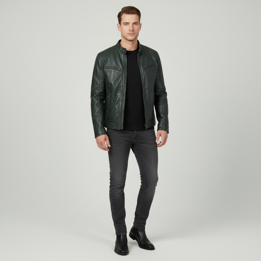 Men's Slim Fit Faux Leather Racer Jacket in Green - front view