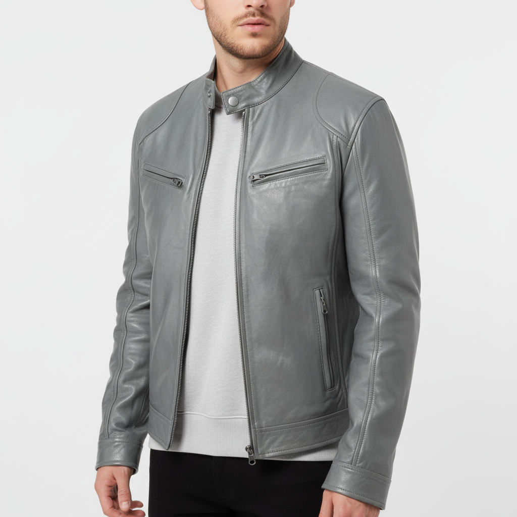 Men's Slim Fit Faux Leather Racer Jacket in Gray - front view