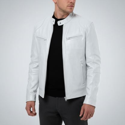 Men's Slim Fit Faux Leather Racer Jacket in White - front view