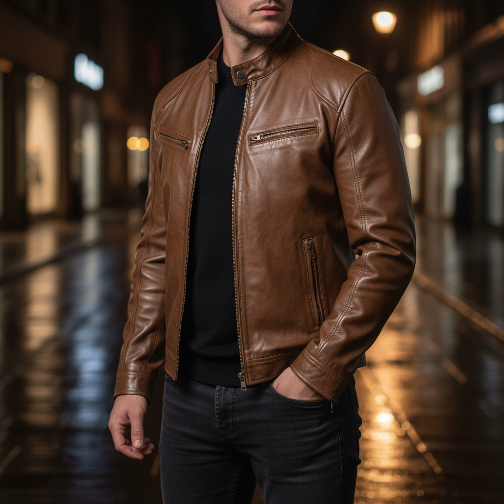 Men's Slim Fit Faux Leather Racer Jacket in White - alternate angle showing fit and fabric detail